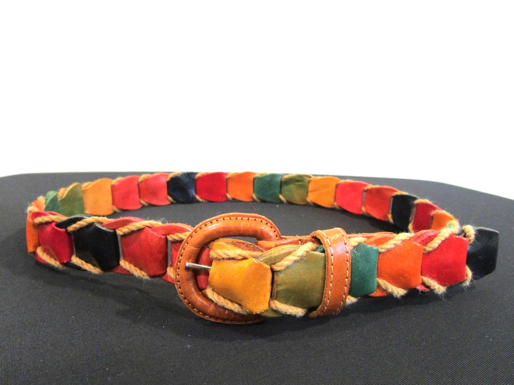 Made In Guatemala Multicolor Leather, Twine Boho Belt Women Sz S, 27"-31"